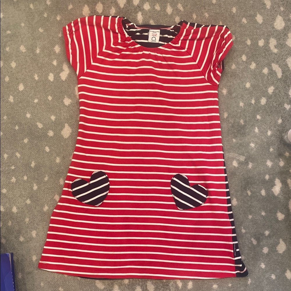 Polarn O. Pyret Red White blue 🇺🇸knit Dress w/ Cap Sleeves & heart pockets